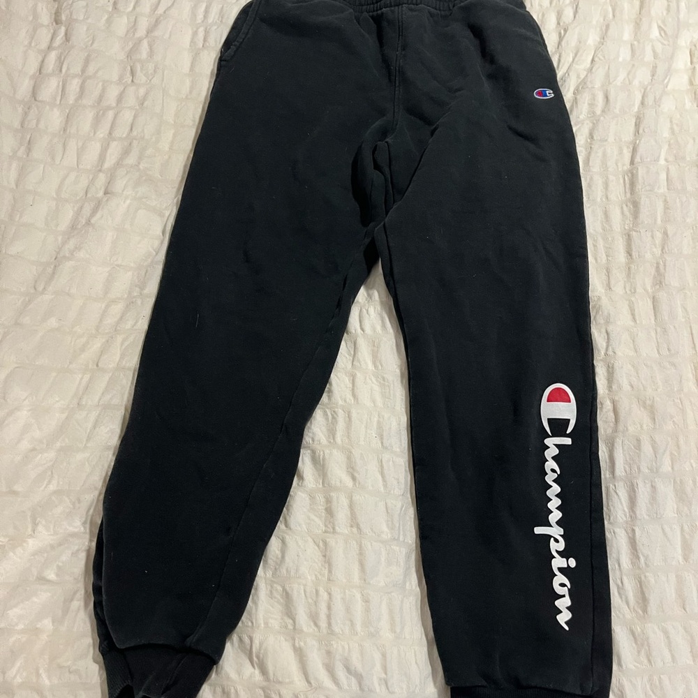 Champion Black Jogger Sweatpants with White Script and Red Logo Accent